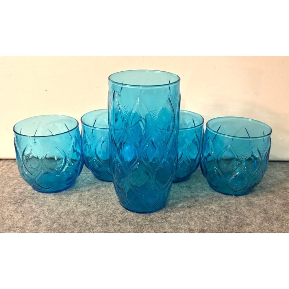 Vintage Anchor Hocking 1970's Aqua Madrid Pattern Drinking Glasses  #3330